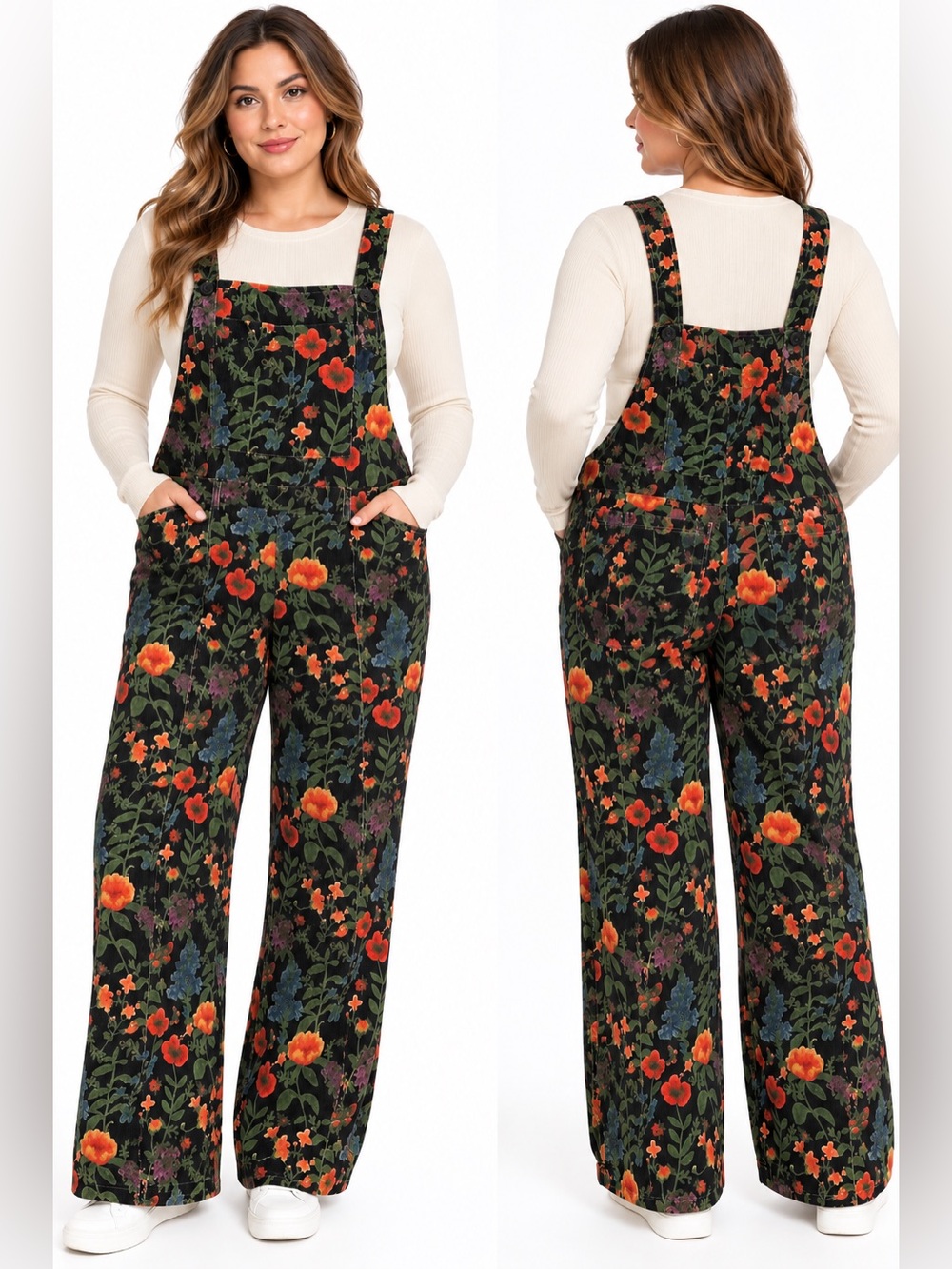 Cider Floral Corduroy Wide Leg Overalls Jumpsuit Black & Green XL
